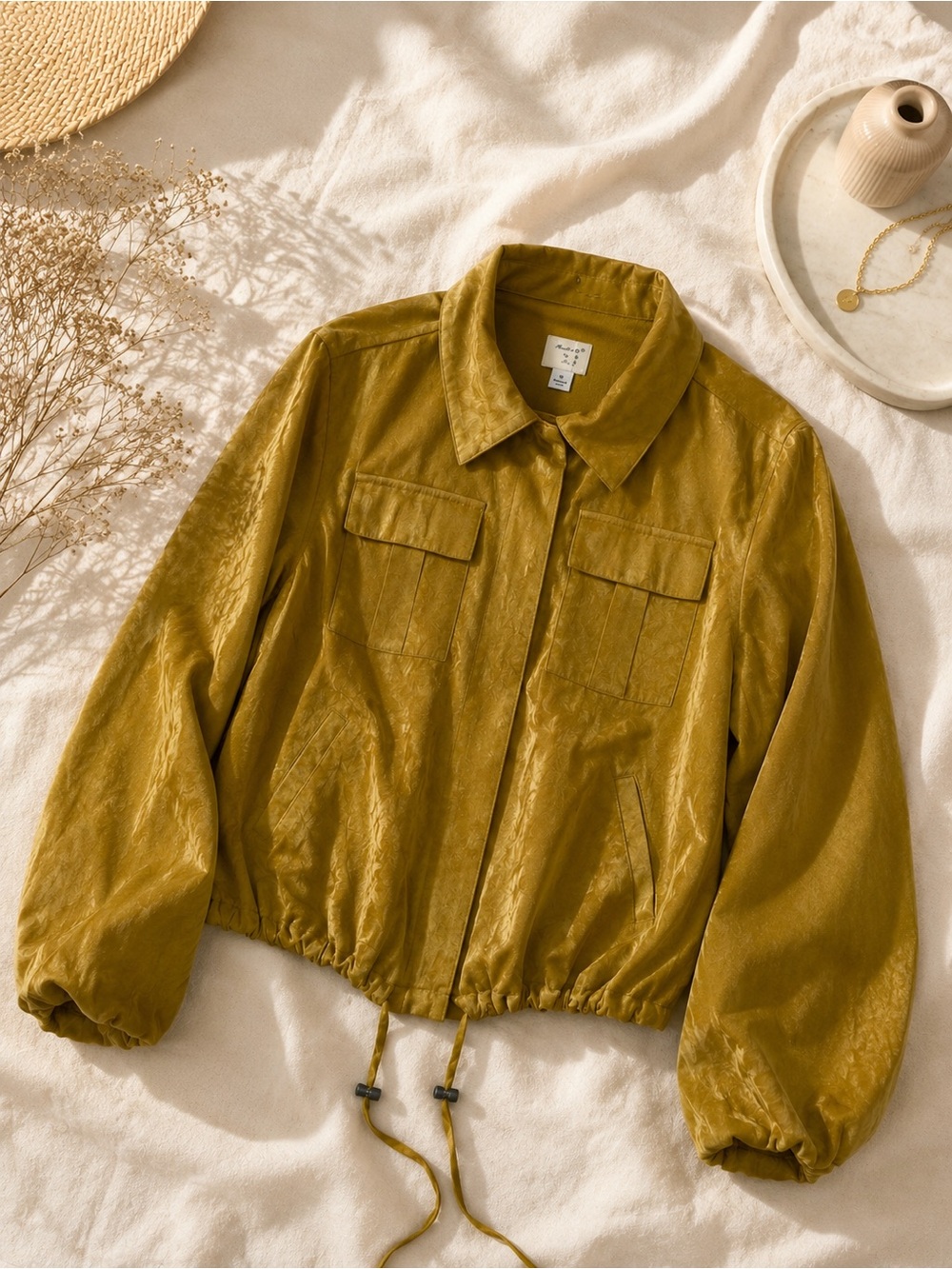 A New Day Cropped Jacket Women Small Gold Balloon Sleeve Drawstring